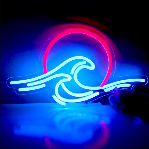 Ocean Wave Sunset Neon Blue Red Light Bedroom Outdoor Indoor Japanese Wall Decor - Picture 2 of 7